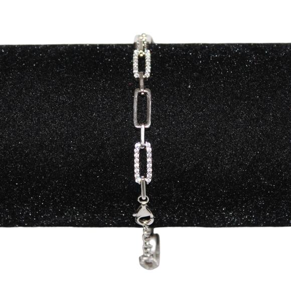 925 Sterling Silver Bracelet Rectangle Link w/ Rhinestones - Picture 1 of 6